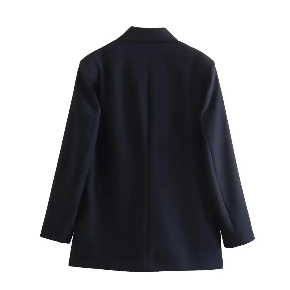 Vista traseira do blazer feminino de alfaiataria azul-marinho, com corte reto e limpo nas costas, exibido em fundo branco.