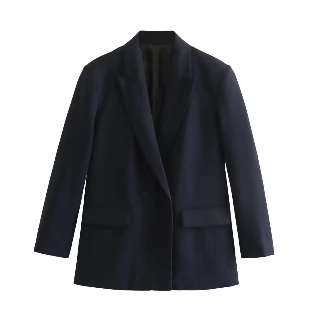 Blazer feminino de alfaiataria azul-marinho com lapelas entalhadas, fechamento frontal e bolsos com lapela, exibido em fundo branco.