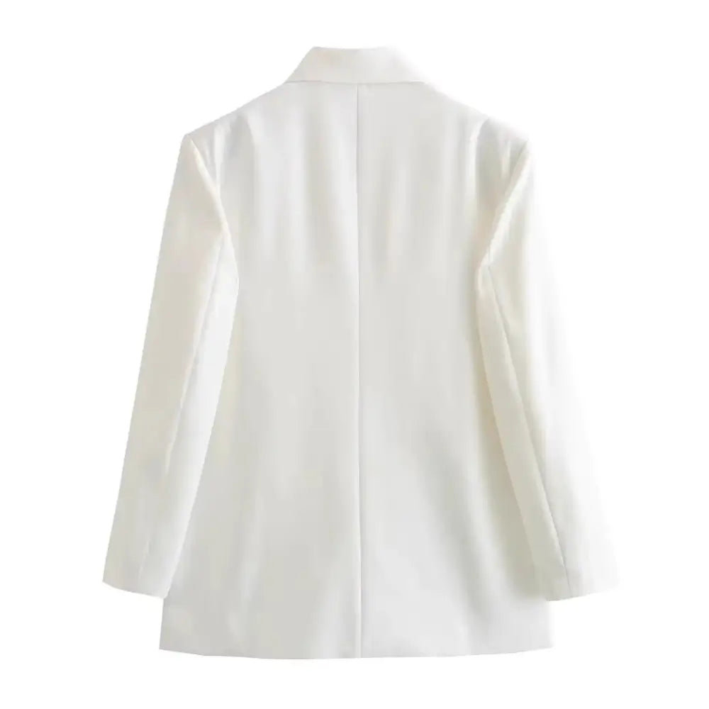 Vista traseira do blazer feminino de alfaiataria branco, com corte reto e limpo nas costas, exibido em fundo branco.