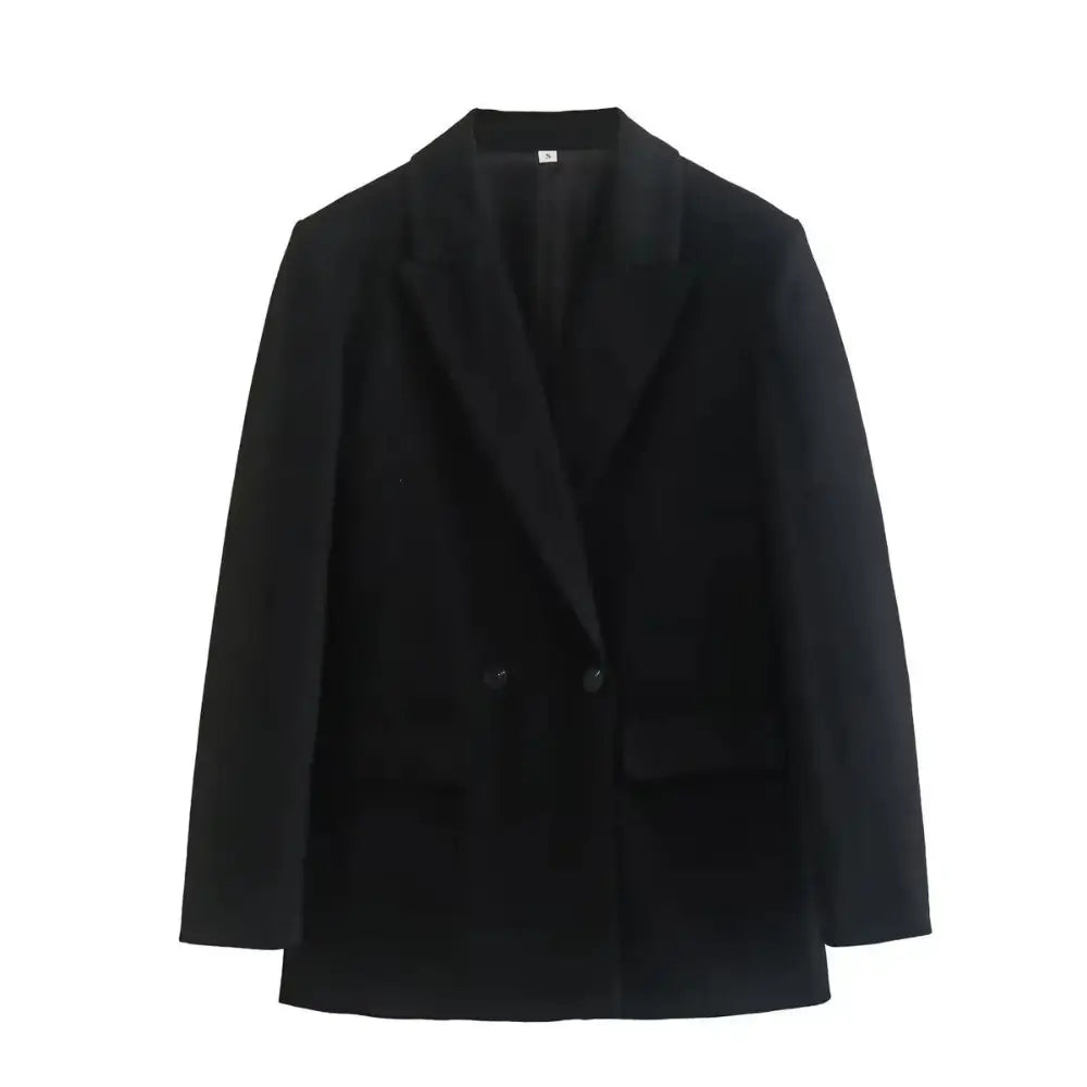 Blazer feminino de alfaiataria preto com lapelas entalhadas, fechamento frontal e bolsos com lapela, exibido em fundo branco.