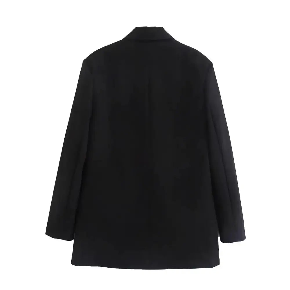 Vista traseira do blazer feminino de alfaiataria preto, com corte reto e limpo nas costas, exibido em fundo branco.