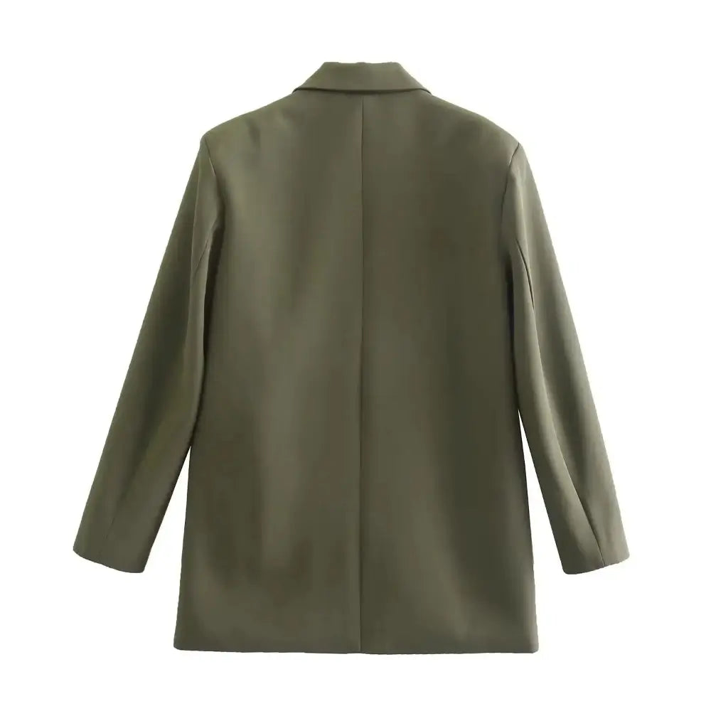 Vista traseira do blazer feminino de alfaiataria verde, com corte reto e limpo nas costas, exibido em fundo branco.