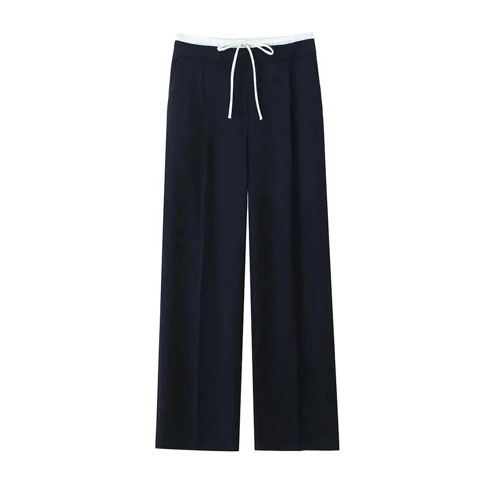 Calça feminina de alfaiataria azul marinho, cintura alta com cordão de amarração branco e pernas largas, exibida em fundo branco.