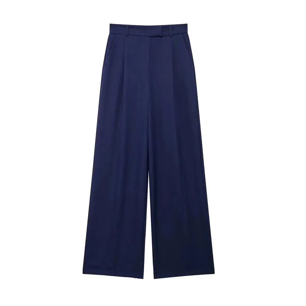 Calça alfaiataria feminina azul marinho, cintura alta com pregas frontais e pernas largas, exibida em fundo branco.