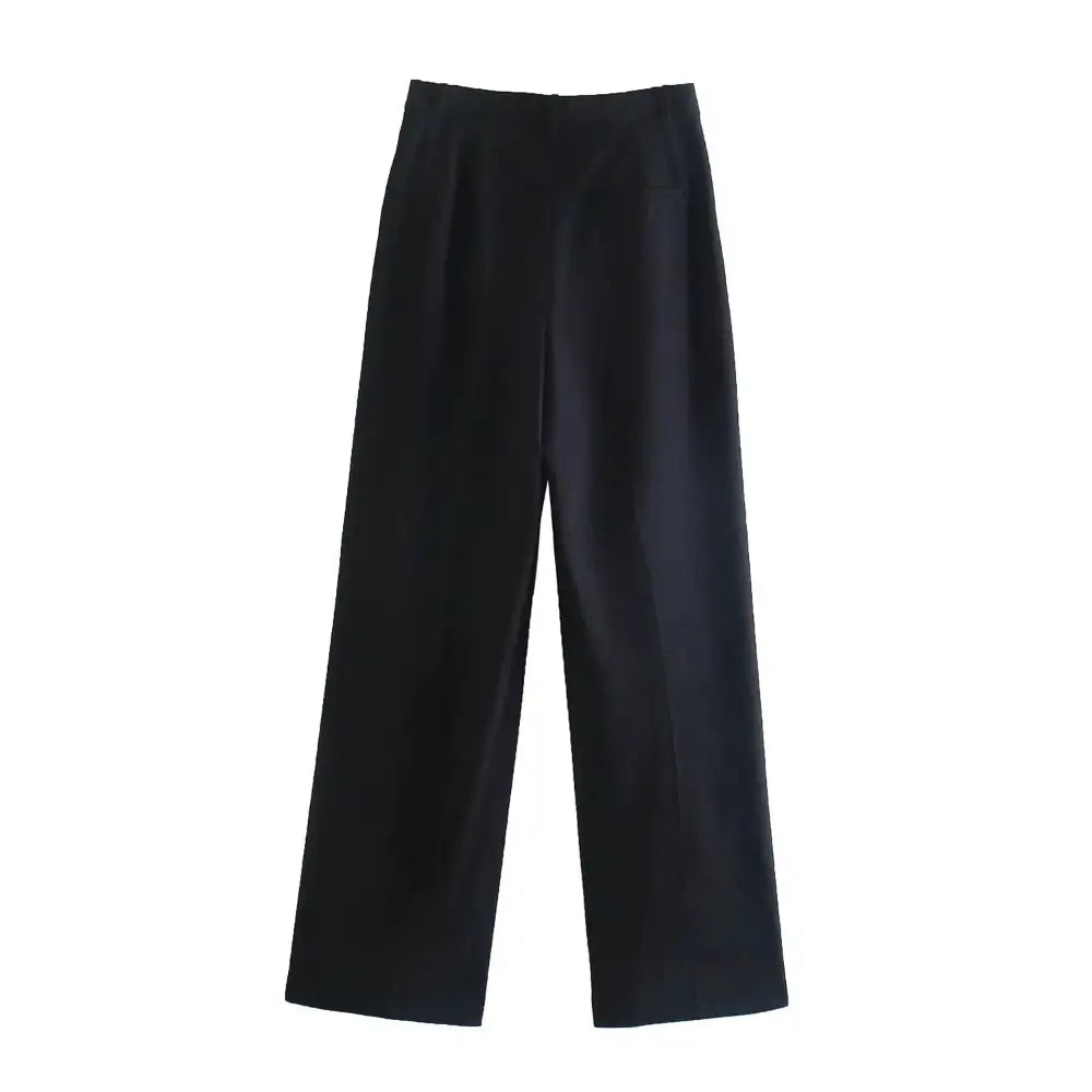 Vista traseira da calça feminina de alfaiataria preta, com cintura alta e pernas largas, exibida em fundo branco.