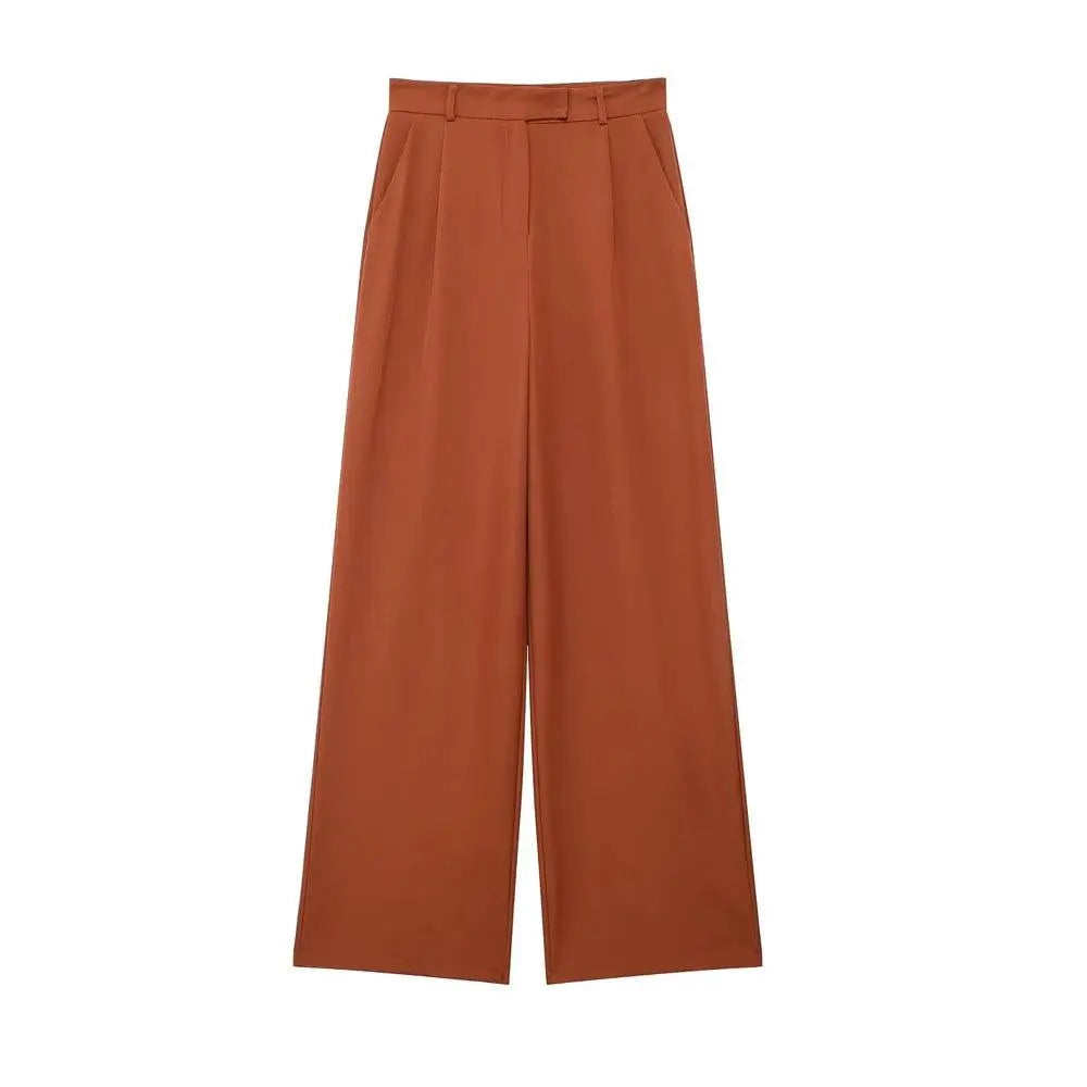 Calça alfaiataria feminina terracota, cintura alta com pregas frontais e pernas largas, exibida em fundo branco.