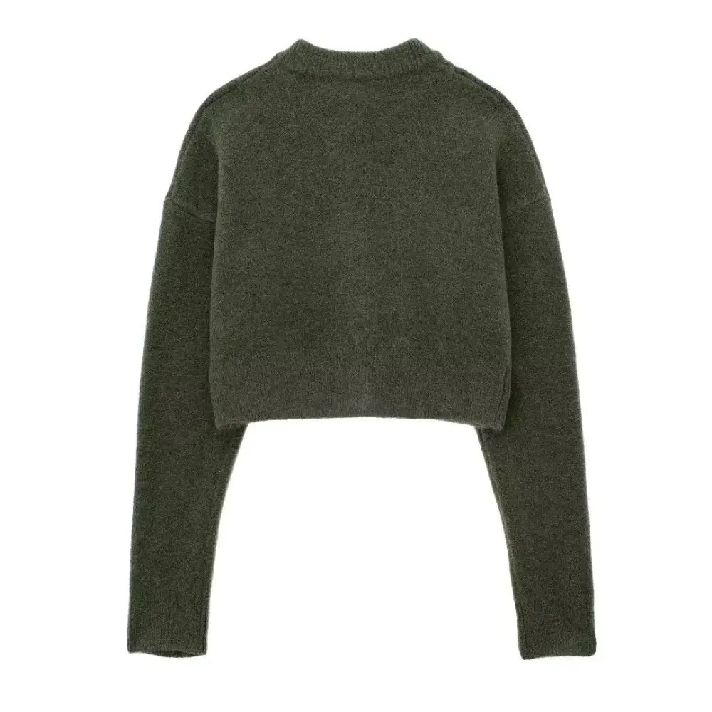 Vista traseira do cardigan feminino curto verde, com gola redonda canelada e costas lisa, exibido em fundo branco.