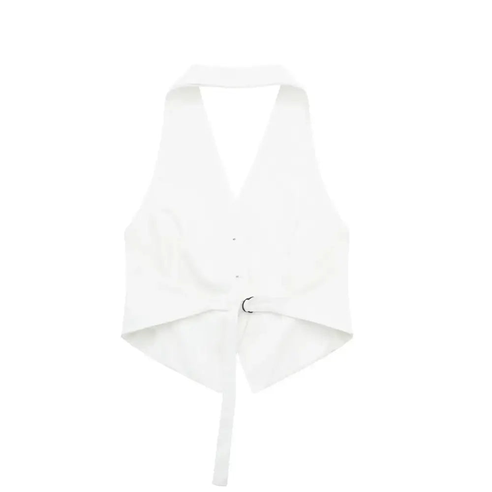 Vista traseira do colete feminino de alfaiataria branco, estilo frente única, com tira ajustável com fivela preta, exibido em fundo branco.