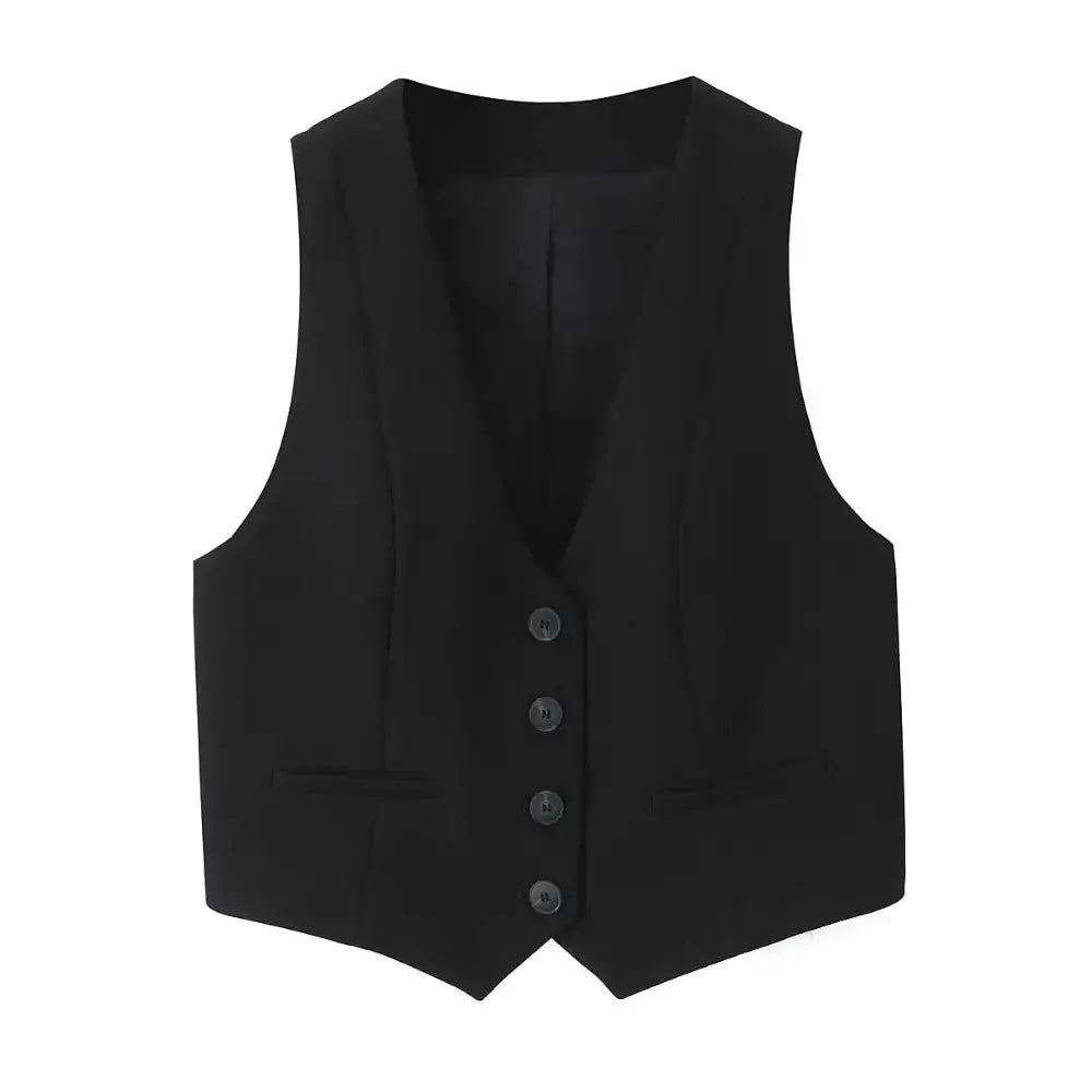 Colete feminino de alfaiataria preto com decote em V profundo, abotoamento frontal por botões pretos e bolsos falsos, exibido em fundo branco.