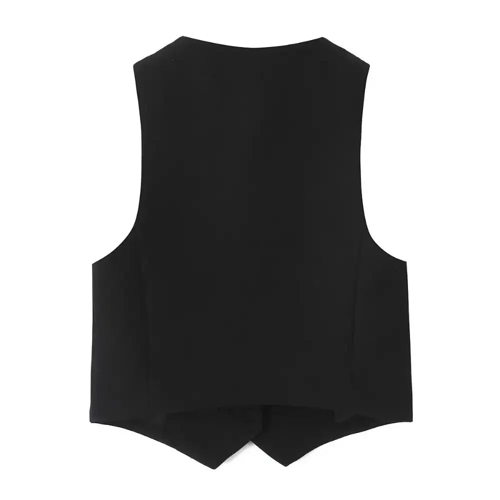 Vista traseira do colete feminino de alfaiataria preto, sem mangas e com corte acinturado, exibido em fundo branco.
