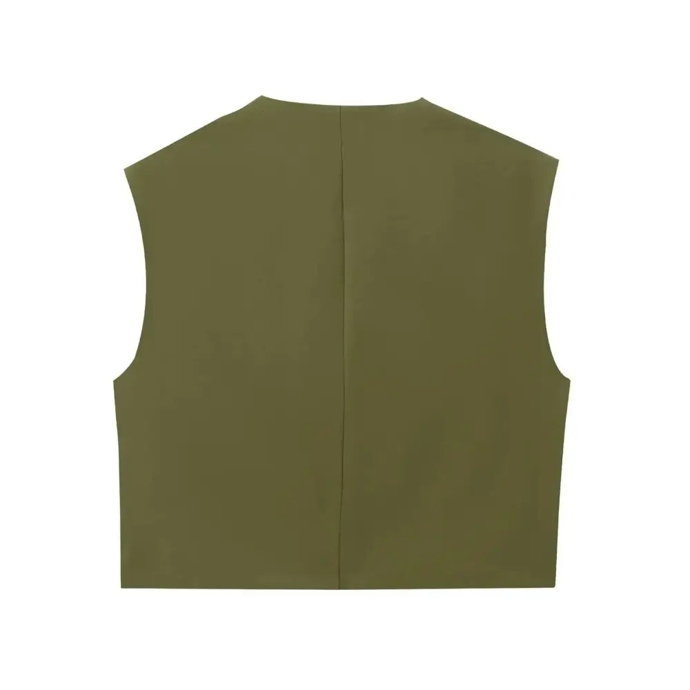 Vista traseira do colete feminino de alfaiataria verde, com gola arredondada e sem mangas, exibido em fundo branco.