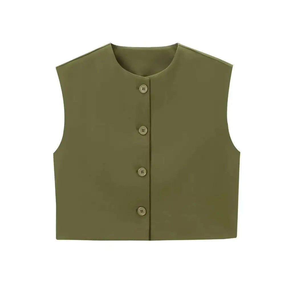 Colete feminino de alfaiataria verde, sem mangas, com gola redonda e abotoamento frontal por quatro botões verdes, exibido em fundo branco