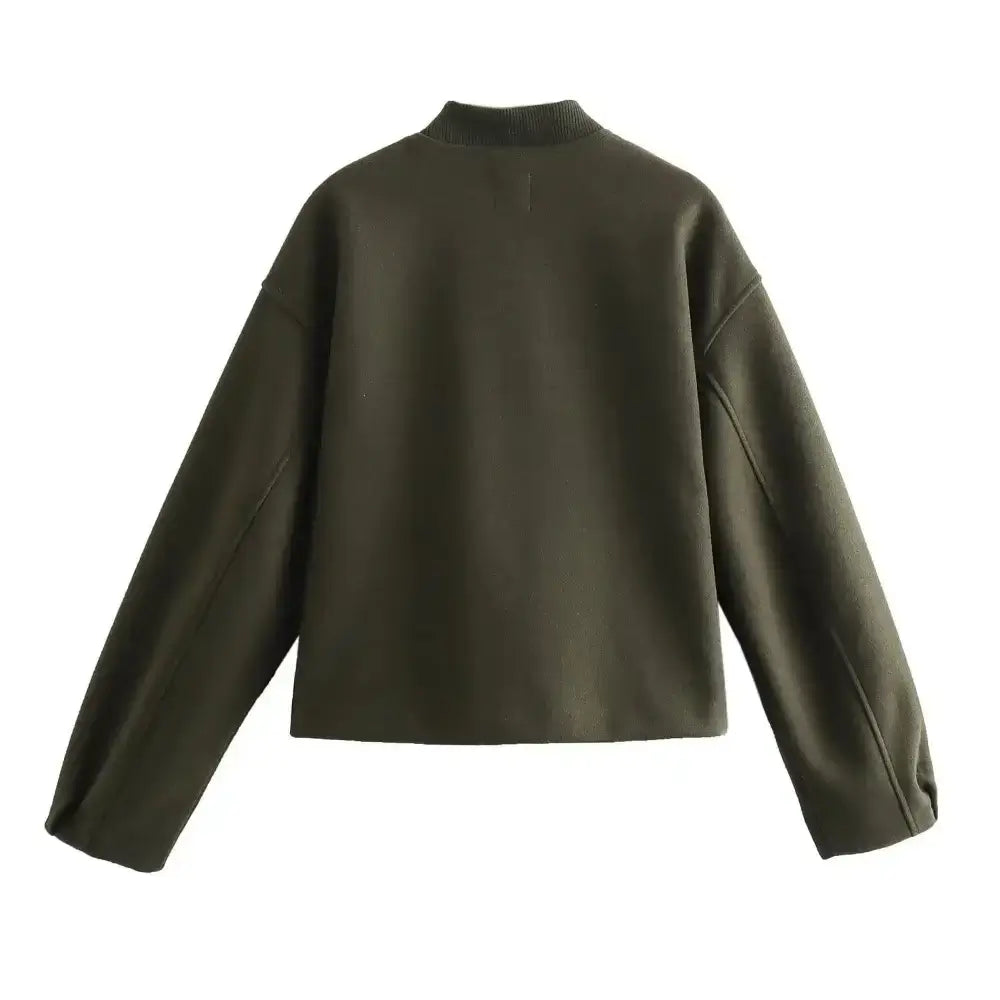 Vista traseira da jaqueta bomber feminina verde, com gola canelada, exibida sobre fundo branco.
