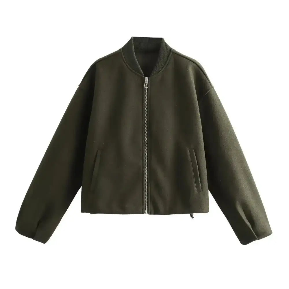 Jaqueta bomber feminina verde, com gola canelada, zíper frontal prateado e bolsos laterais, exibida sobre fundo branco.
