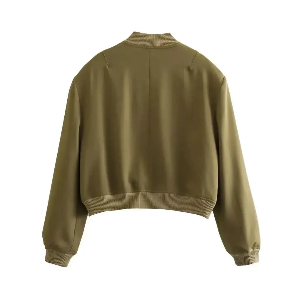 Vista traseira da jaqueta bomber feminina verde, com gola, punhos e barra canelados, exibida em fundo branco.