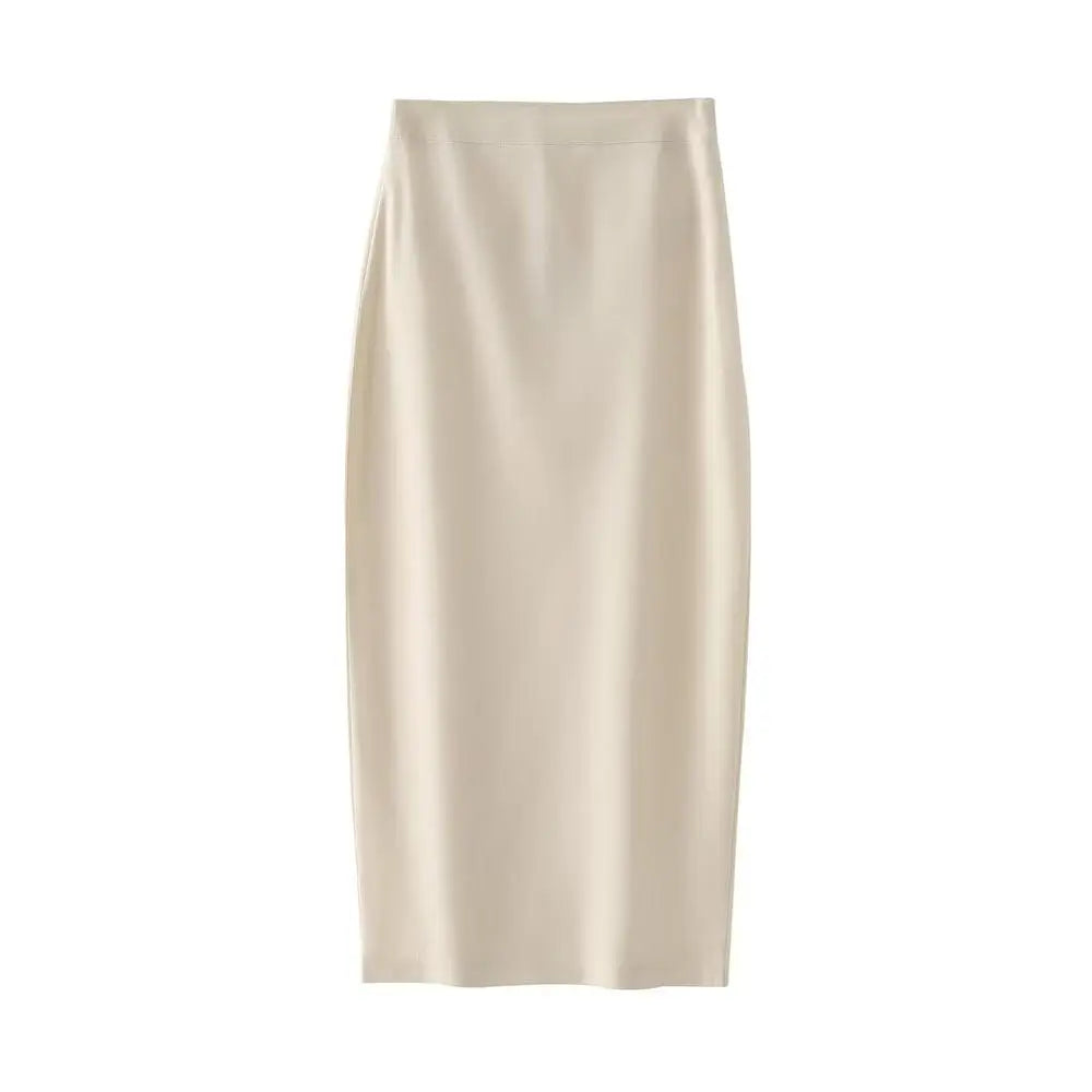 Saia longa midi de alfaiataria off white, corte reto estilo lápis e cintura alta, exibida sobre fundo branco.