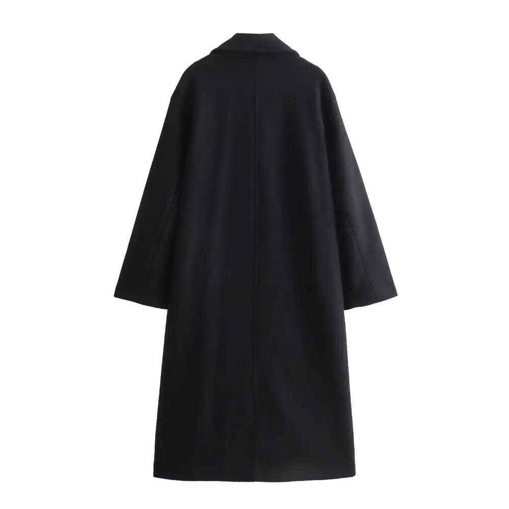 Vista traseira do sobretudo feminino longo preto, com corte reto e costura central nas costas, exibido sobre fundo branco.