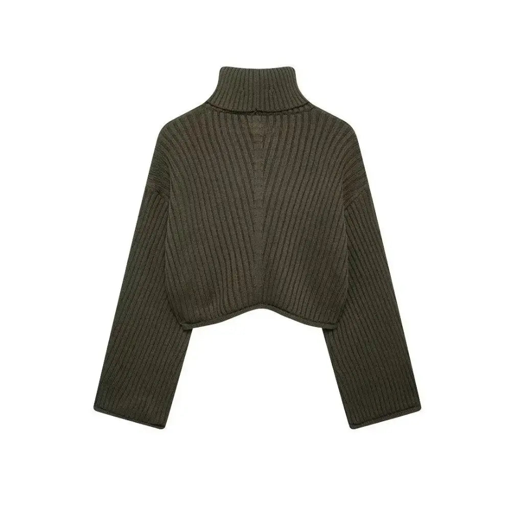 Vista traseira do suéter feminino verde com gola alta canelada, exibido em fundo branco.