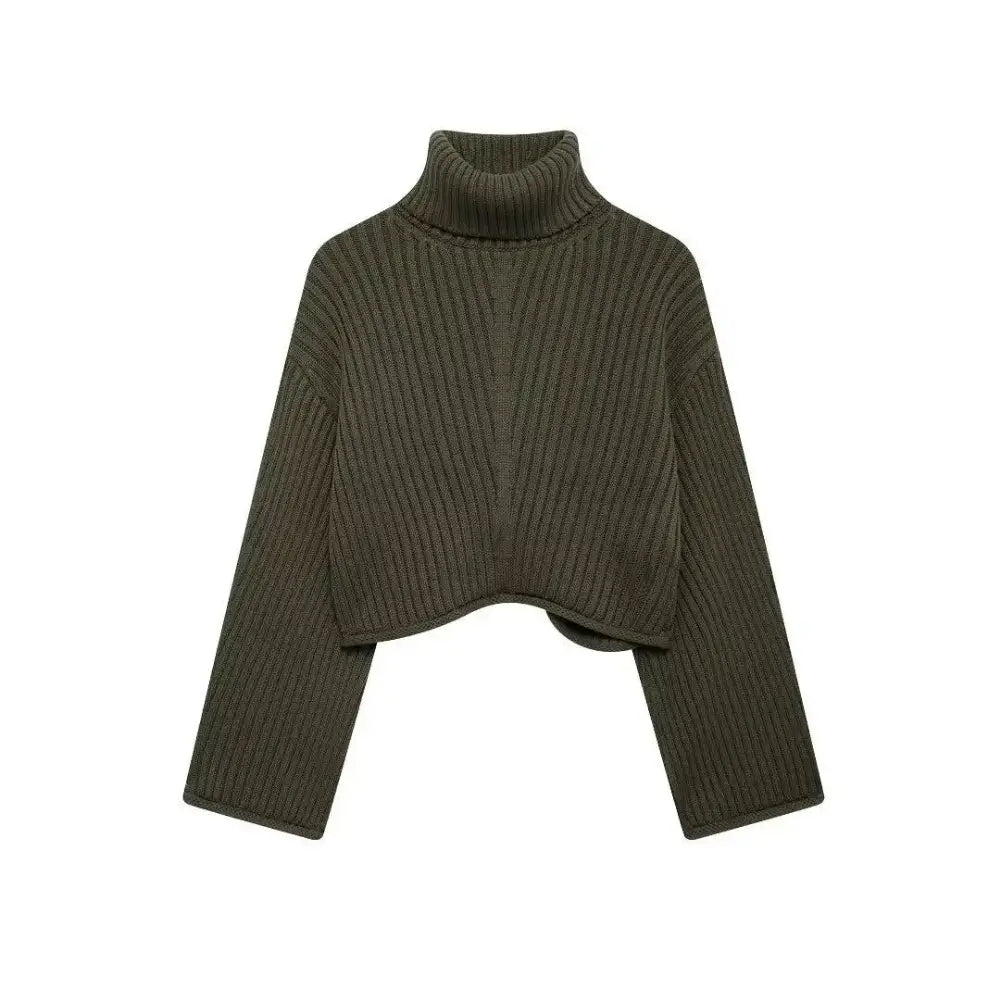 Suéter feminino verde, com gola alta canelada, exibido em fundo branco.