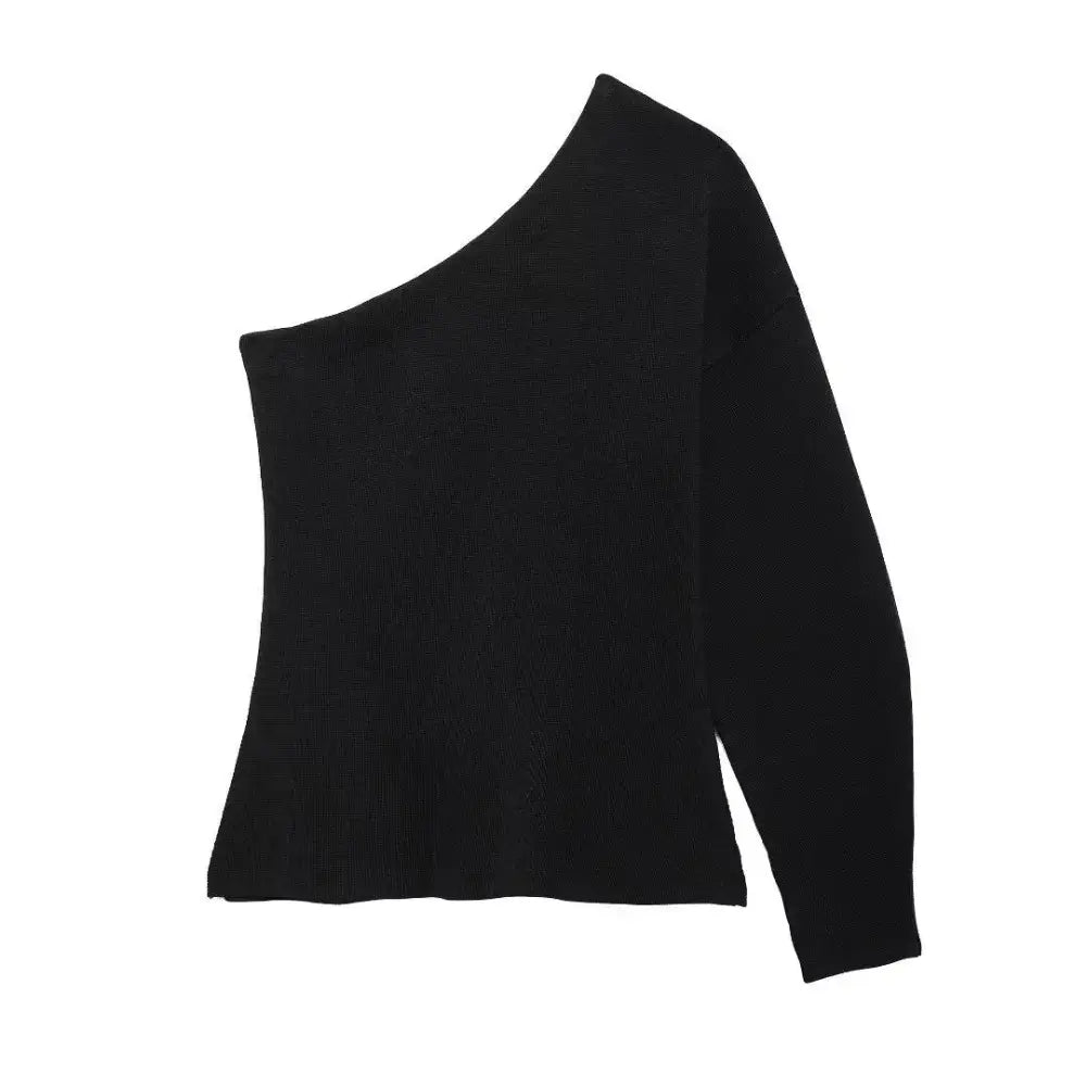 Vista traseira do Suéter feminino preto com desigh de um ombro só e manga longa, exibido em fundo branco.